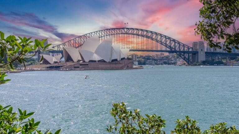 Sunset view of Sydney Harbour: the Opera House with the Harbour Bridge in the background over calm water, framed by green foliage on the sides.
