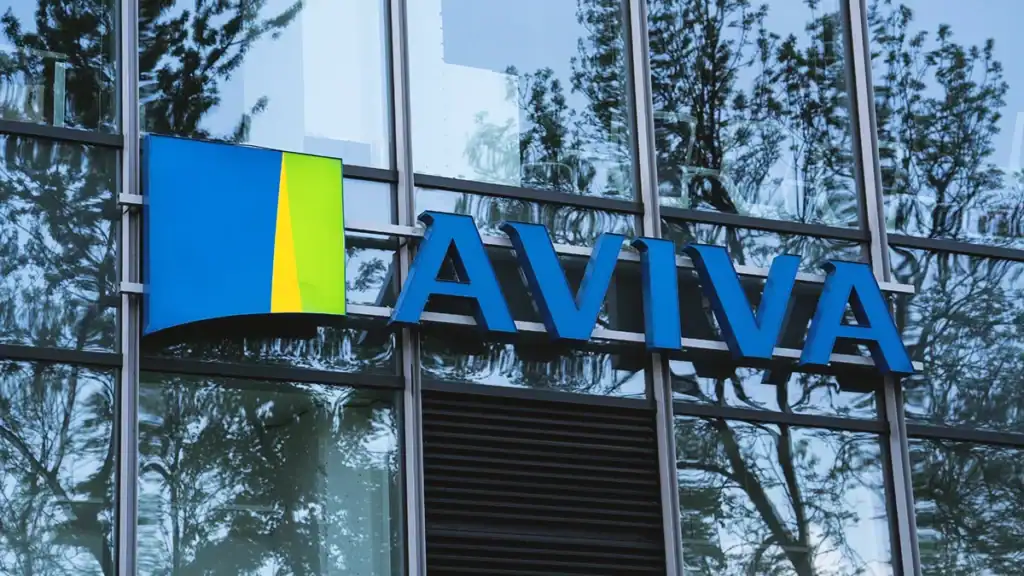 Aviva logo on a glass office building with blue lettering and a blue-yellow icon panel