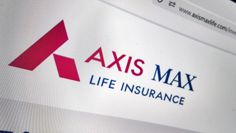 Axis Max Life logo on a computer screen, related to Axis Bank's stake increase.