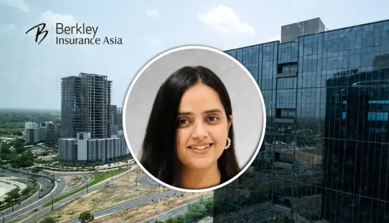 Smiling woman’s circular headshot over a cityscape background with Berkley Insurance Asia branding in the corner.