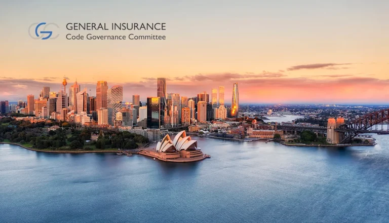 Sydney skyline and harbor at sunset featuring the Opera House, with the General Insurance Code Governance Committee logo in the upper left.
