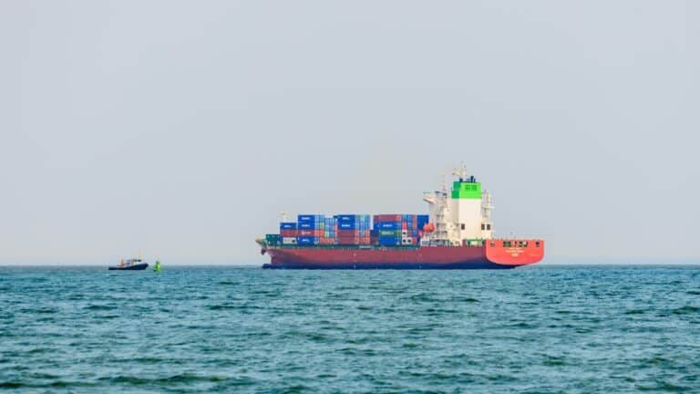 Large cargo ship navigating the Strait of Hormuz with containers onboard.