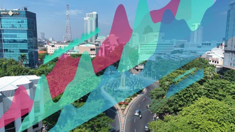 City skyline overlaid with colorful translucent data charts showing upward trends in a business district, suggesting growth and analytics.