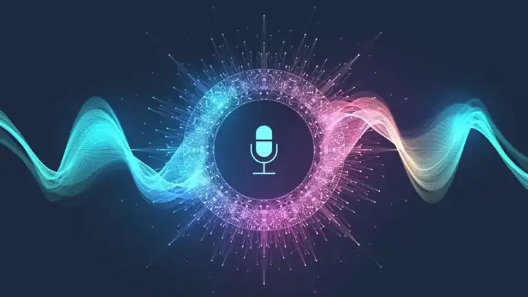 Abstract microphone icon at center with a neon circular ring and multicolored flowing waves, representing audio recording or voice tech.