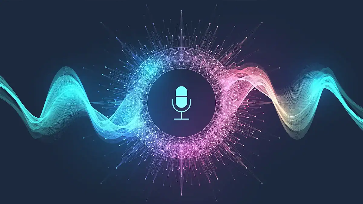 Abstract microphone icon at center with a neon circular ring and multicolored flowing waves, representing audio recording or voice tech.