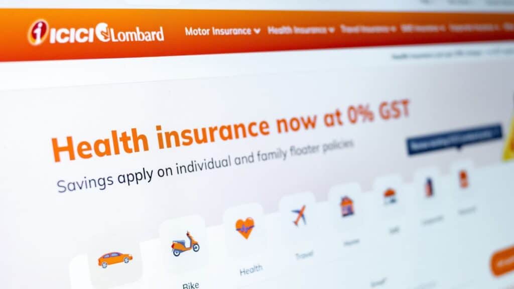 ICICI Lombard health insurance webpage with 0% GST offer and scooter icon.