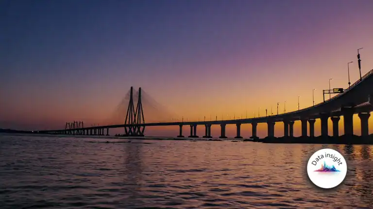 Sunset over the Mumbai-Ahmedabad bullet train bridge in India.