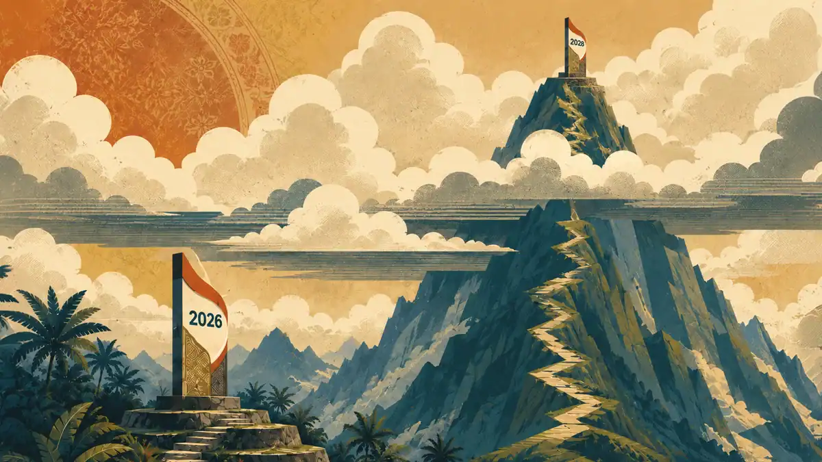 Illustration of a mountain with a flag for 2026 and a path leading to a summit with a flag for 2028.