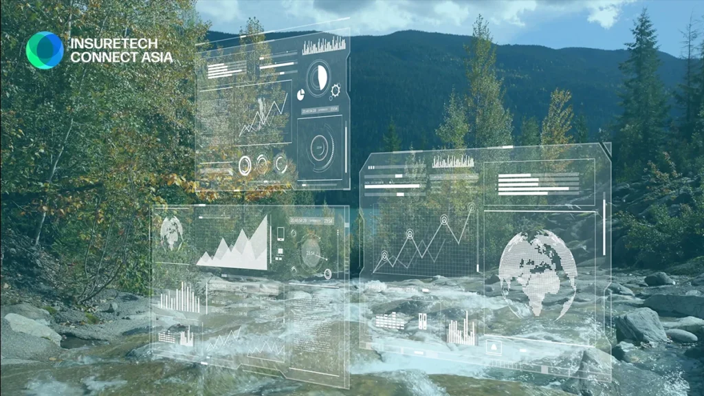 Outdoor river scene with transparent holographic charts and graphs overlaid, and the InsureTech Connect Asia logo in the top-left corner.