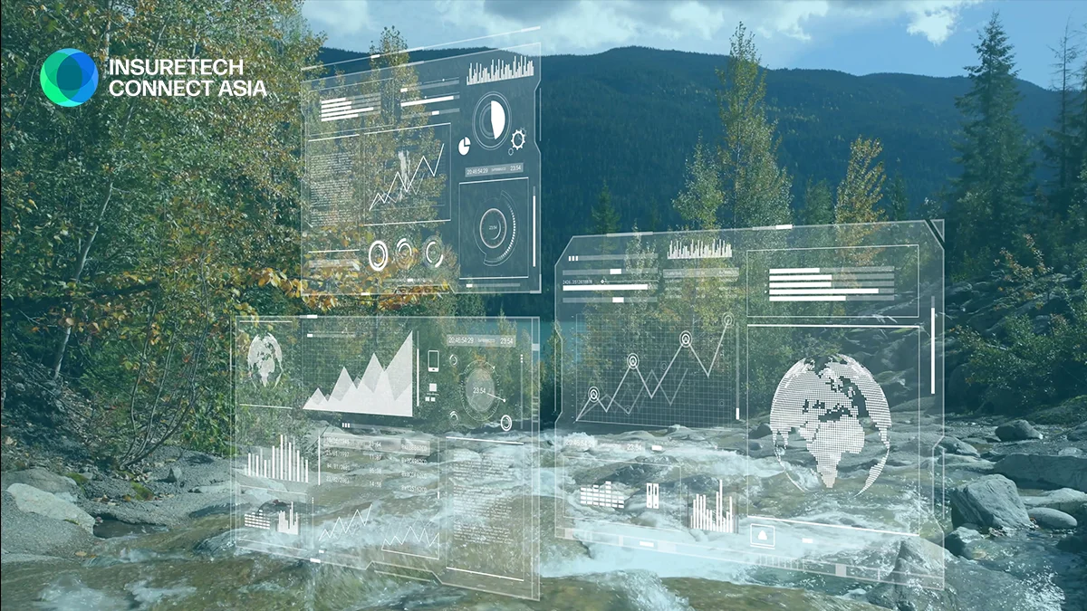 Outdoor river scene with transparent holographic charts and graphs overlaid, and the InsureTech Connect Asia logo in the top-left corner.