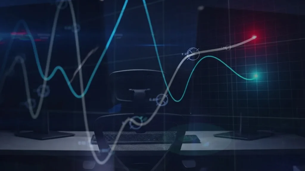 Dark office scene with a high-tech chair and desk, overlaid with glowing financial graphs and data lines representing analytics/markets.