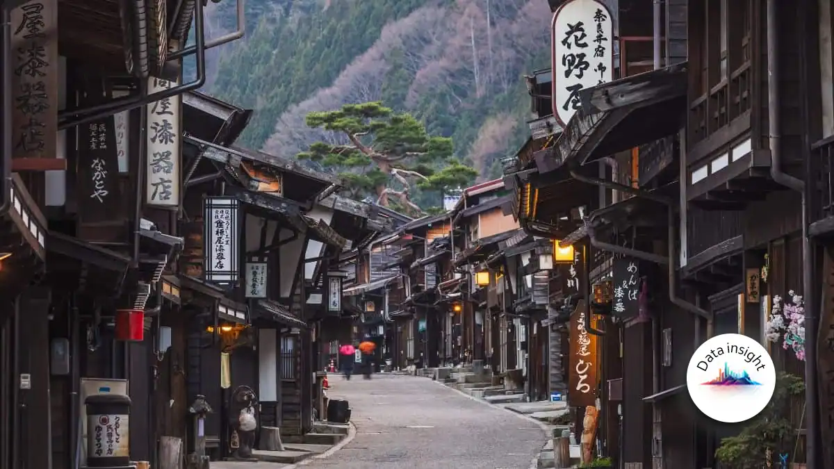 Traditional Japanese street lined with dark wooden shops, hanging signboards, and warm lanterns, with mountains in the background