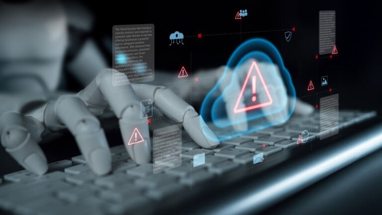 Robotic hand typing on a keyboard with glowing warning icons and a blue cloud alert symbol, symbolizing cybersecurity threats