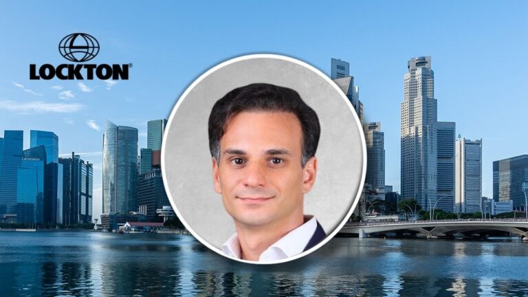 Lockton logo over a city skyline with a circular headshot of a man in the center