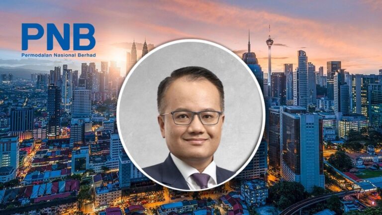 Corporate banner for PNB featuring a city skyline and a circular portrait of a man in a suit and glasses.