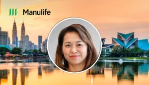 Manulife banner showing a sunset city skyline with a circular portrait of a smiling woman in the center.