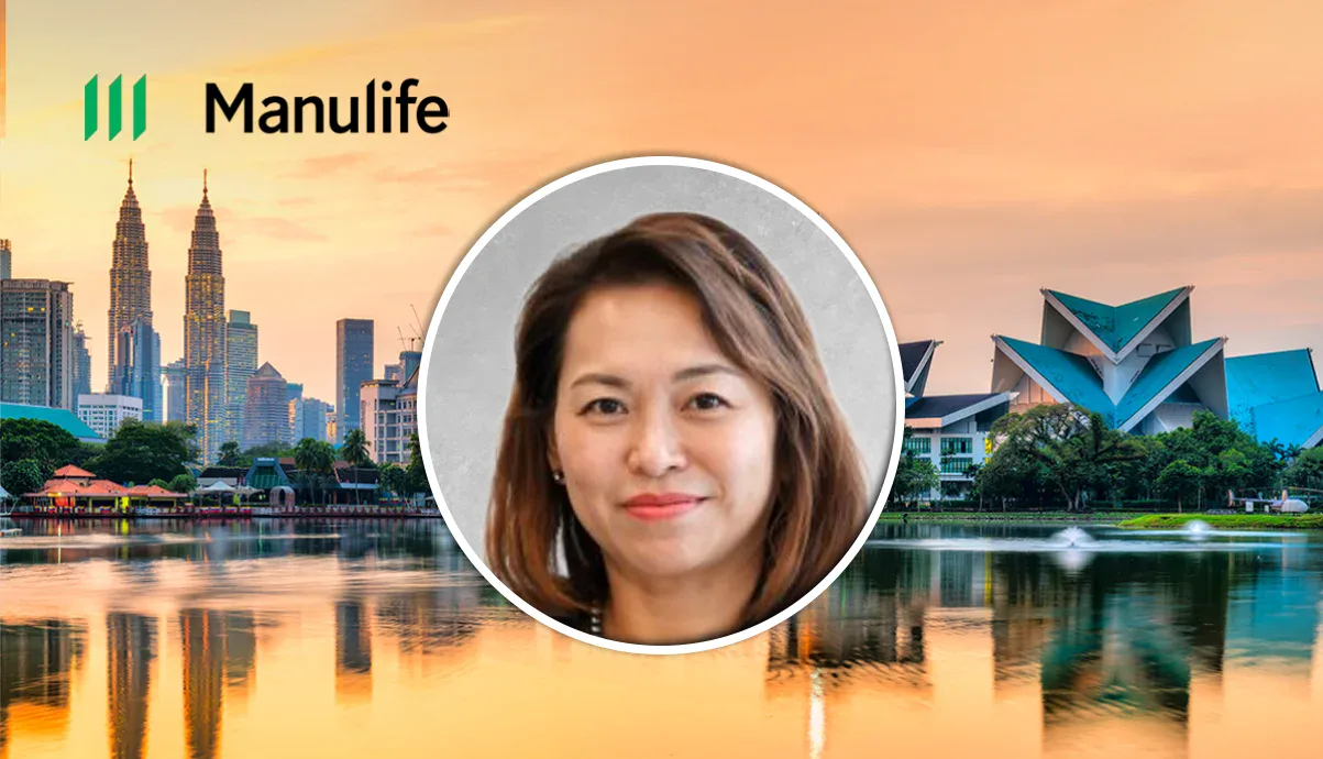 Manulife banner showing a sunset city skyline with a circular portrait of a smiling woman in the center.