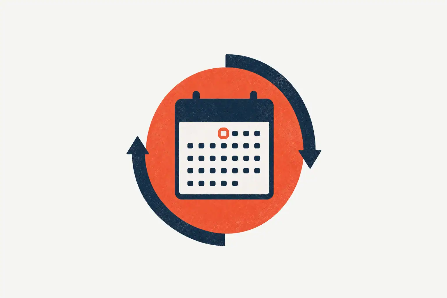 Calendar icon inside a red circle with blue circular arrows indicating refresh or update.