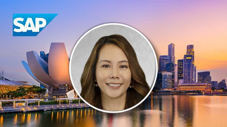 Portrait of a smiling Asian woman in a circular frame over a sunset cityscape with the SAP logo in the top-left corner.