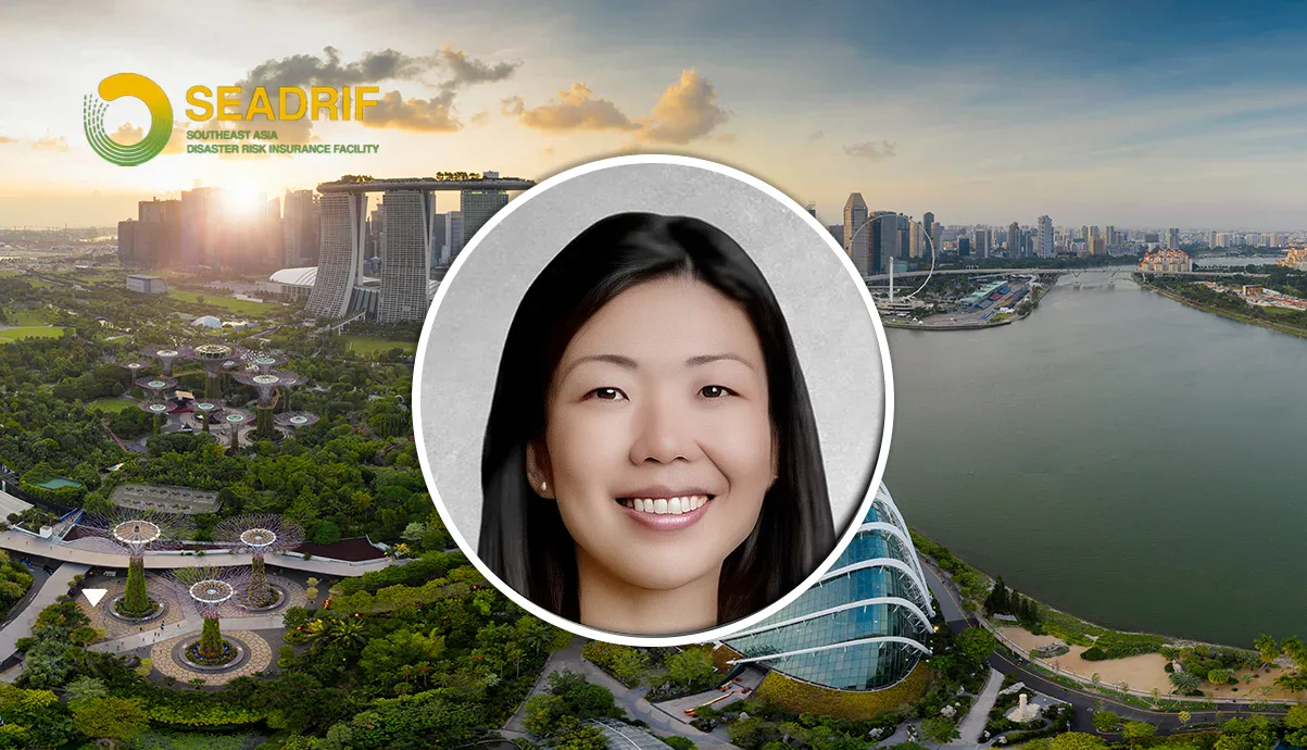 Smiling woman portrait centered on a Singapore skyline with Gardens by the Bay and the SEADRIF logo.