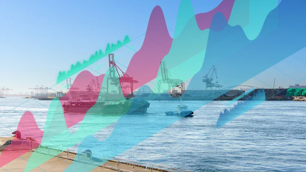 Port scene with cranes and ships overlaid by translucent multicolored graphs, illustrating maritime data analytics by overlaying data visuals on a harbor photo.