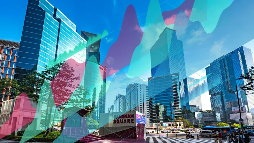 Modern city skyline with glass skyscrapers and a street scene at Gangnam Square, overlaid with colorful translucent shapes.