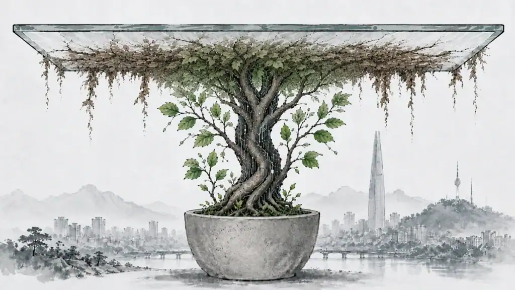 Illustration of a bonsai tree in a round concrete pot beneath a glass canopy, with a city skyline and distant mountains in the background.