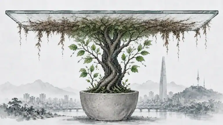 Illustration of a bonsai tree in a round concrete pot beneath a glass canopy, with a city skyline and distant mountains in the background.