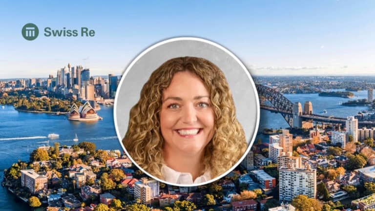 Swiss Re banner with skyline featuring the Sydney Opera House and harbor, and a centered circular portrait of a smiling woman in grayscale border.