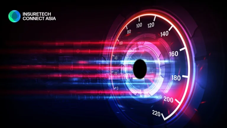 Neon speedometer dial with red and blue lights, displaying numbers up to 220, beside the InsureTech Connect Asia logo.