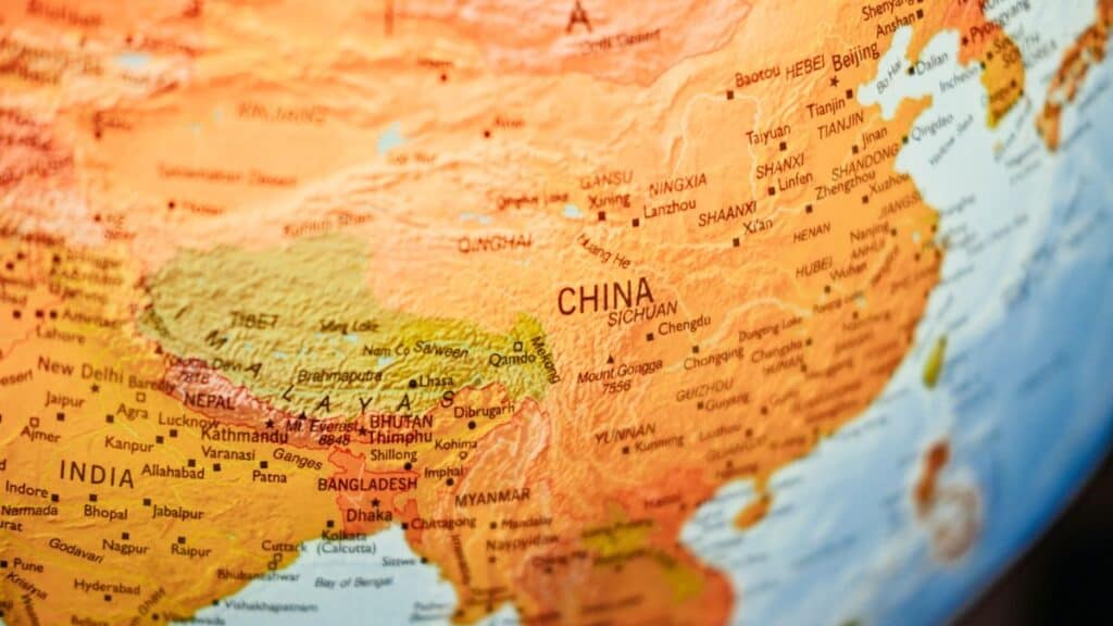 Close-up of a political map focusing on China and surrounding countries, with India to the southwest.