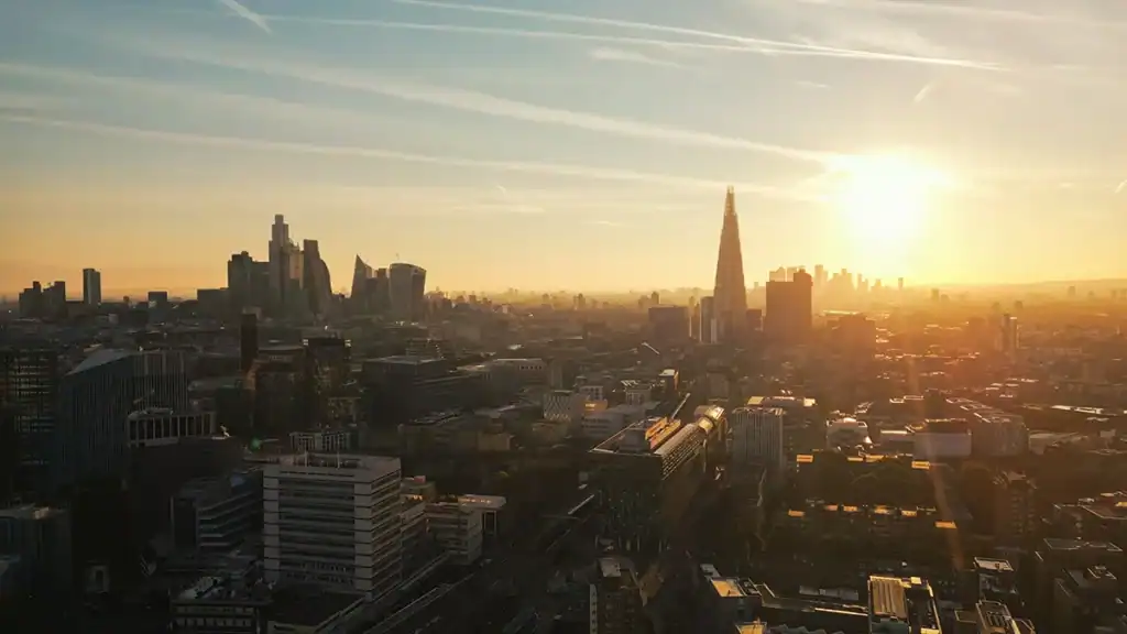 Sunset over London’s skyline with The Shard towering among modern skyscrapers and a golden sky.