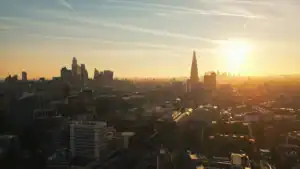 Sunset over London’s skyline with The Shard towering among modern skyscrapers and a golden sky.