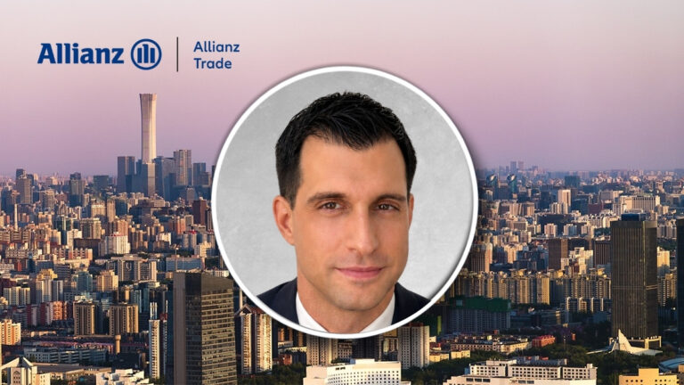 Allianz Trade branded banner over a city skyline with a circular headshot of a smiling man in a suit