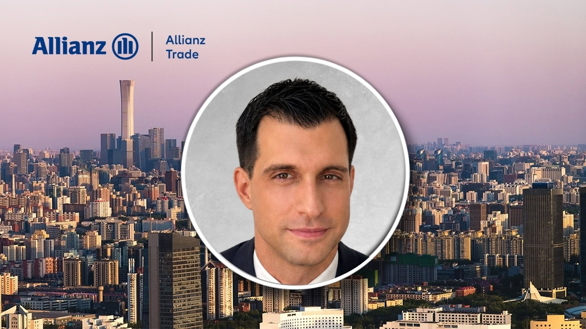 Allianz Trade branded banner over a city skyline with a circular headshot of a smiling man in a suit