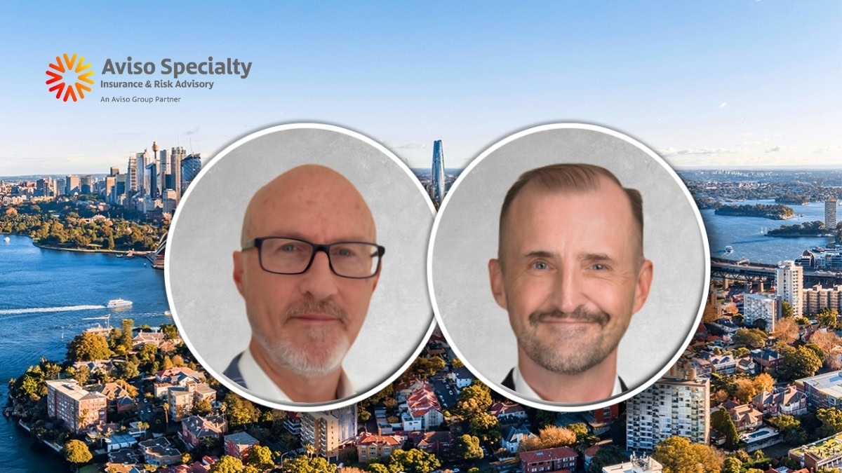 Aviso Specialty logo in the top-left with two circular portrait photos of men over a cityscape backdrop.