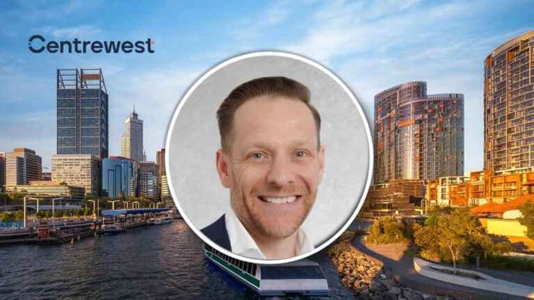 City skyline by the water at sunset with a circular, framed photo of a smiling man in the foreground; Centrewest logo in top-left.