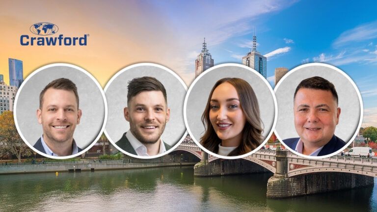 Crawford branding with four circular headshots of team members over a city river background.