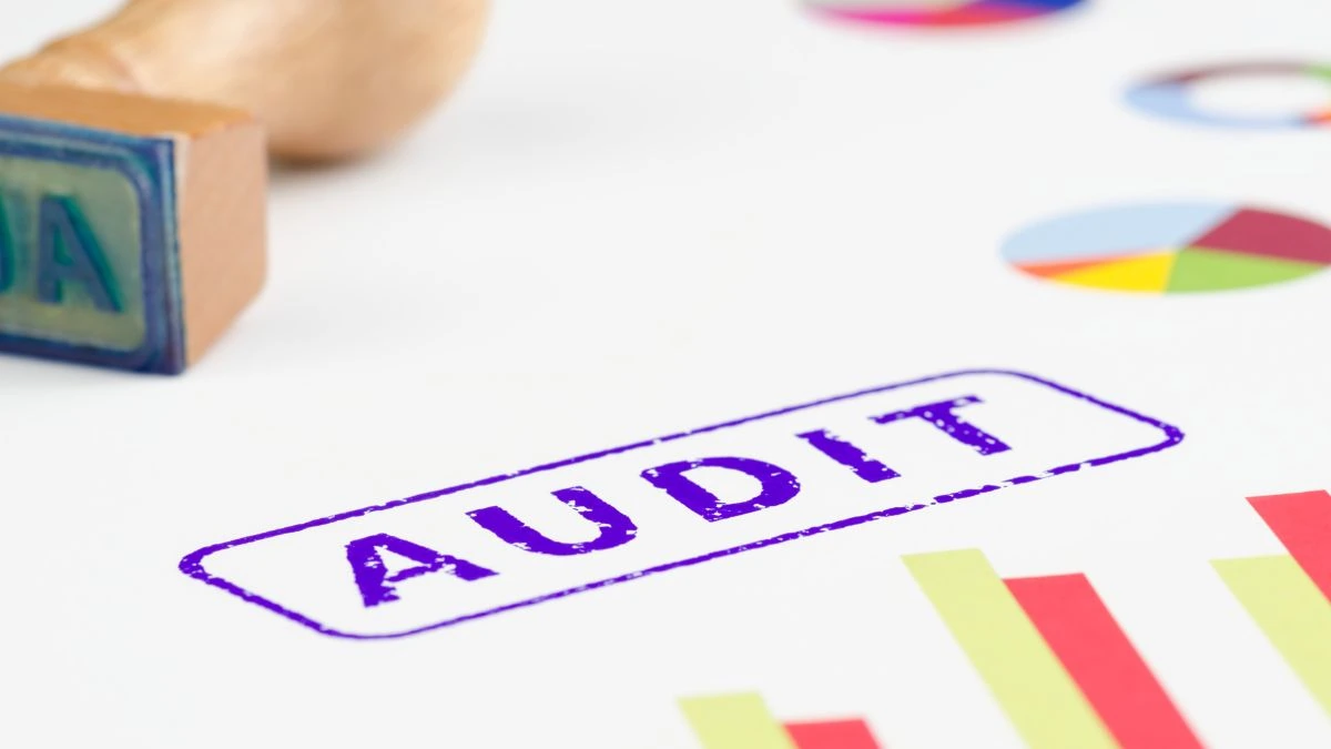 Purple 'AUDIT' stamp on a white surface with colorful charts in the background.