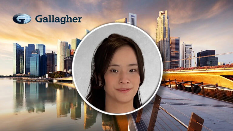 Gallagher-branded banner with a city skyline at sunset and a circular portrait overlay in the center of a smiling woman