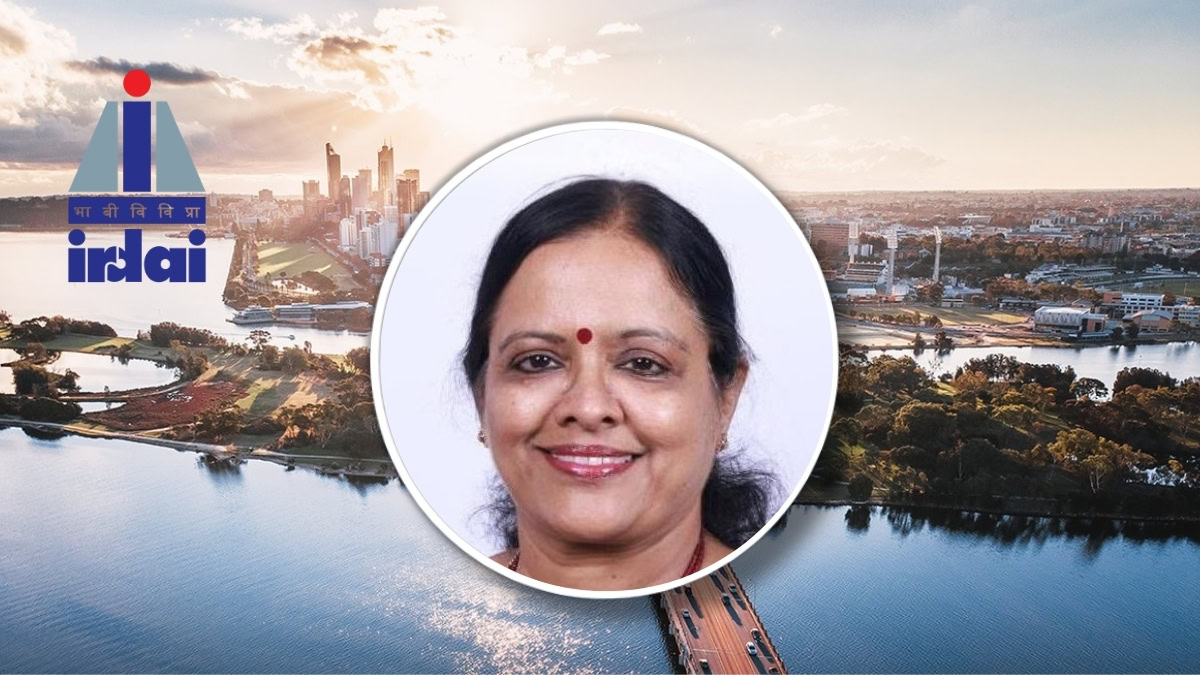 IRDAI logo with a city and river backdrop, and a circular portrait of a smiling Indian woman in the foreground