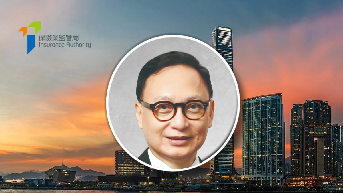 Circular portrait of a man wearing glasses placed over a sunset city skyline with the Insurance Authority logo in the top-left corner.