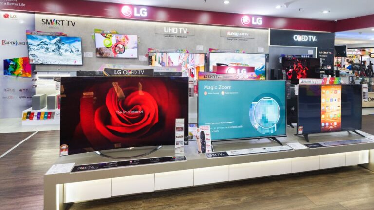 LG OLED and UHD TVs on a showroom display in an electronics store