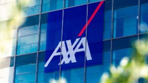 AXA logo on a modern glass building in Seoul, South Korea.