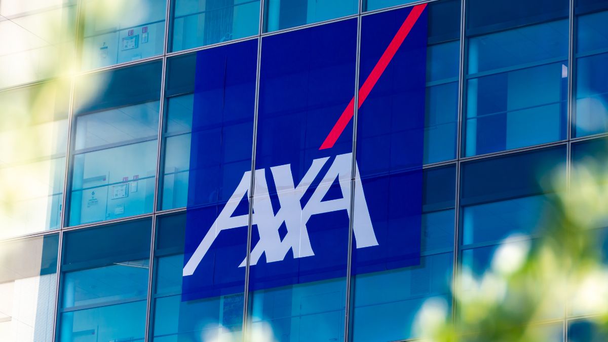 AXA logo on a modern glass building in Seoul, South Korea.