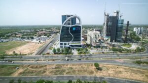GIFT City skyline with SEBI building, Mumbai, India, during daytime.