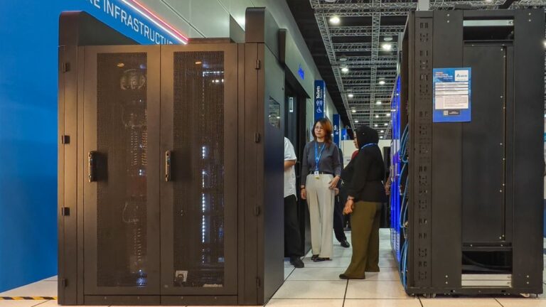 Data centre server racks at an industry event in APAC, showcasing climate risk protection technology.