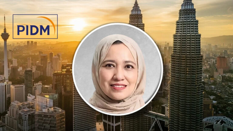 Sunset city skyline with PIDM logo in the top-left and a circular portrait of a smiling woman wearing a beige hijab in the center.