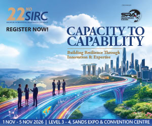 Banner for 22nd SIRC: 'Capacity to Capability'—Building resilience through innovation; futuristic city skyline with a glowing highway; Nov 1–5, 2026 at Sands Expo & Convention Centre.