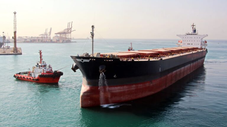 Large black-and-red bulk carrier being guided by a small tugboat at a port, with cranes in the distance and calm turquoise water.